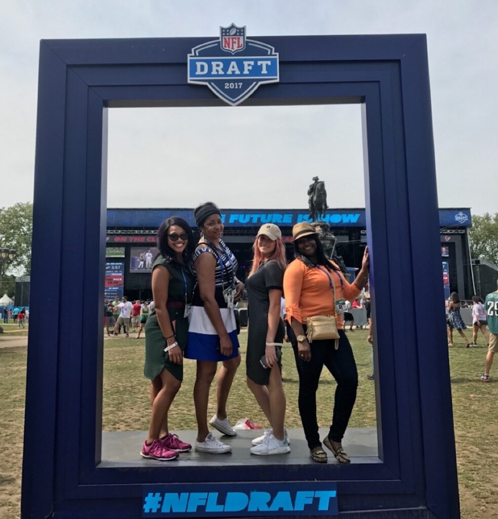 Mechelle Sabb (right) with (from left) Olivia Gillison, Jazelle Jones and Natalie Faragalli at the NFL Draft in Philly